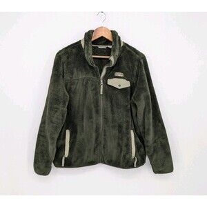 LL Bean women's Hi-pile fleece Full Zip Jacket Pockets Elbow Patches Green Large